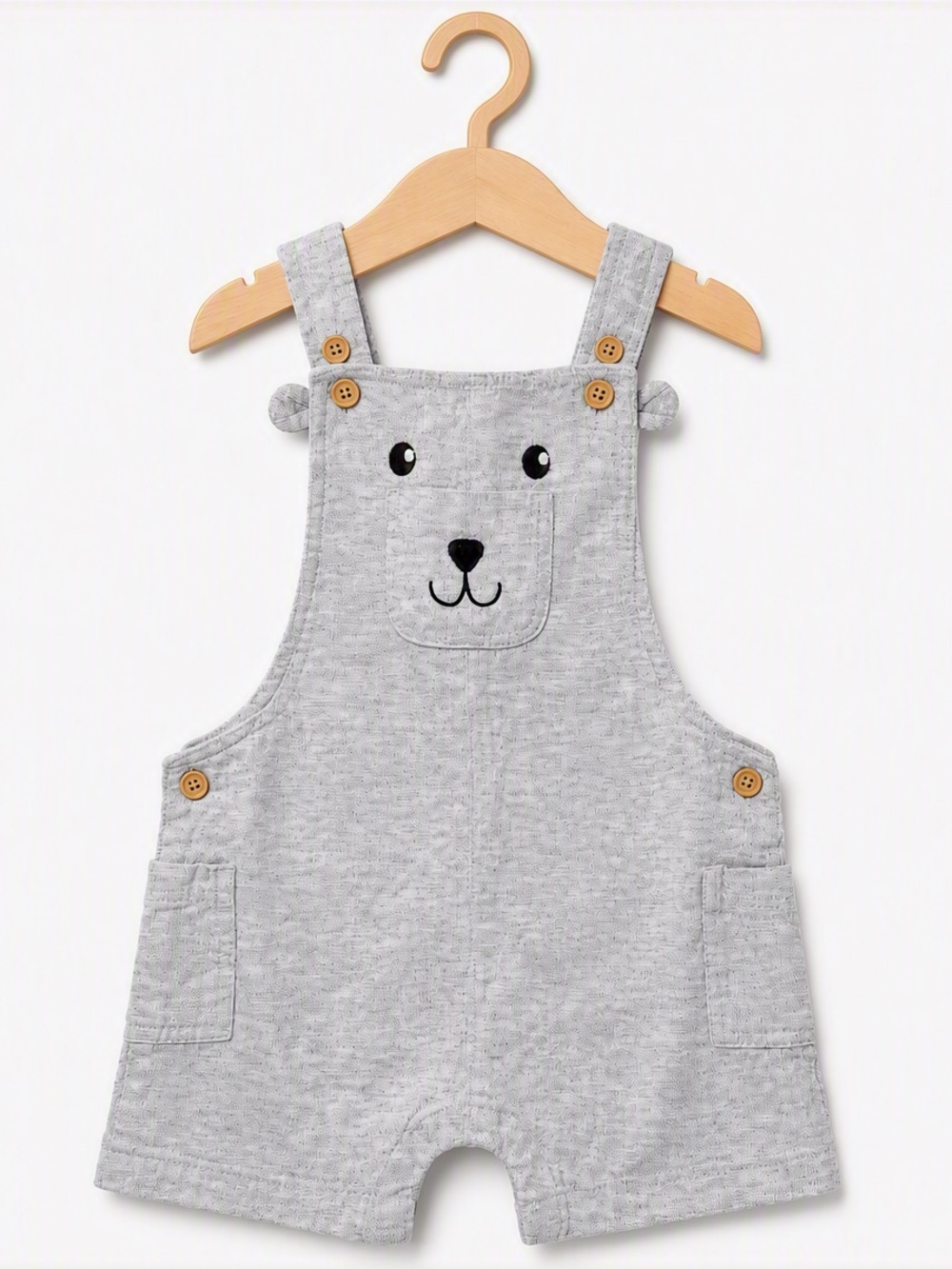 5/15$ H&M Heather Grey 3D Ears Embroidered Bear Jersey Shortall Overalls 3-4T